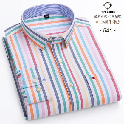 Men's 100% Cotton Oxford Plaid Shirt - Soft Regular Fit Long Sleeve Formal Dress Shirt with Pocket S-7XL
