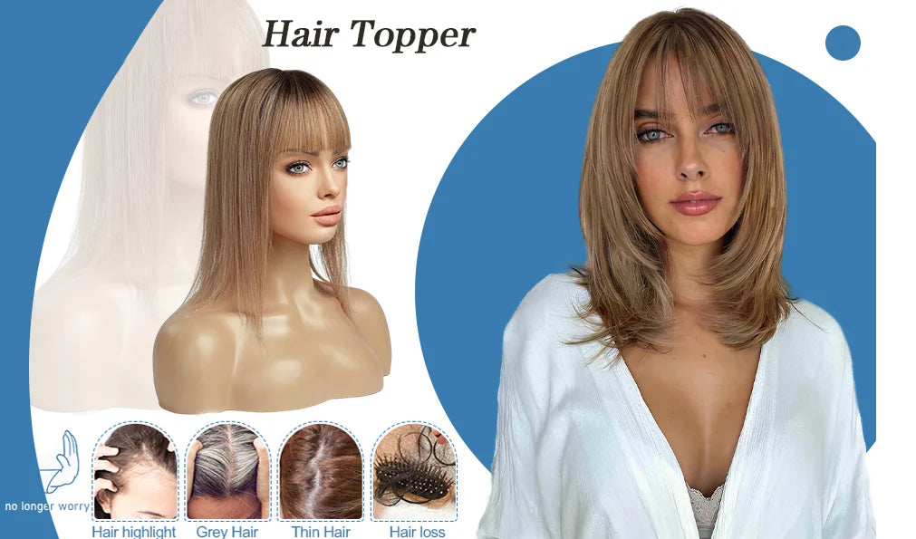 10" Brown Ombre Remy Human Hair Topper – Straight with Bangs, Silk Base, Clip-In Extension for Women