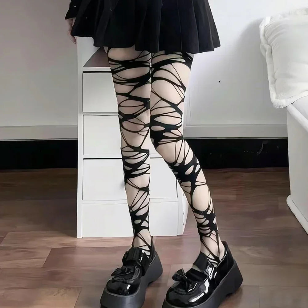Fashion Punk Spider Web Tights – Sexy Lolita Gothic Black Mesh Stockings for Women Y2K Style
