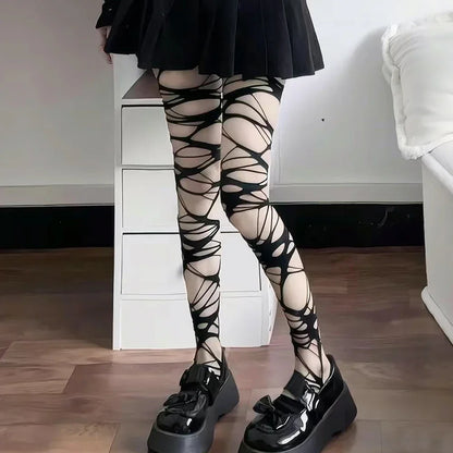 Fashion Punk Spider Web Tights – Sexy Lolita Gothic Black Mesh Stockings for Women Y2K Style