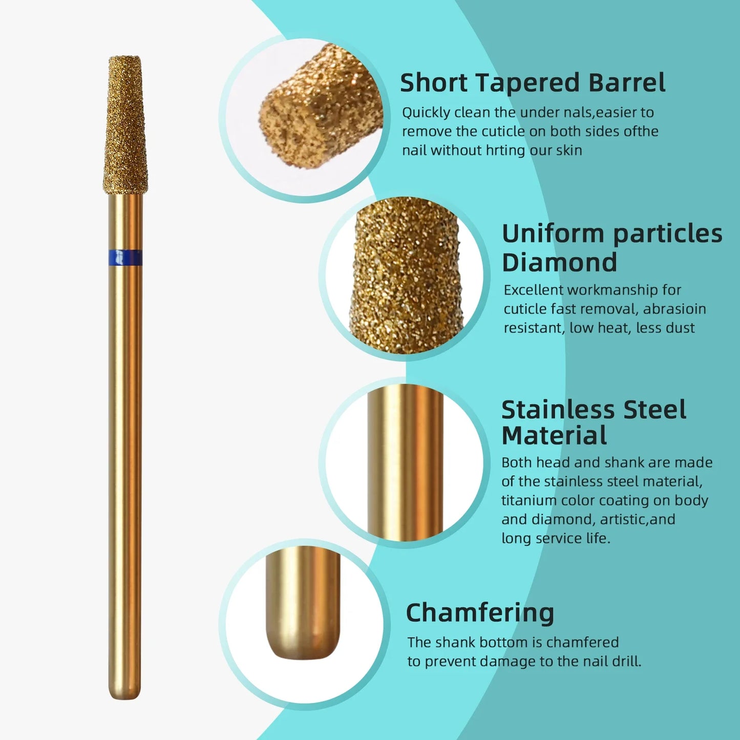HYTOOS 3mm Tapered Cuticle Nail Drill Bit - Titanium Russian Diamond Nail Bits for Dead Skin Cleaning & Nail Care Accessories