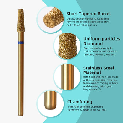 HYTOOS 3mm Tapered Cuticle Nail Drill Bit - Titanium Russian Diamond Nail Bits for Dead Skin Cleaning & Nail Care Accessories