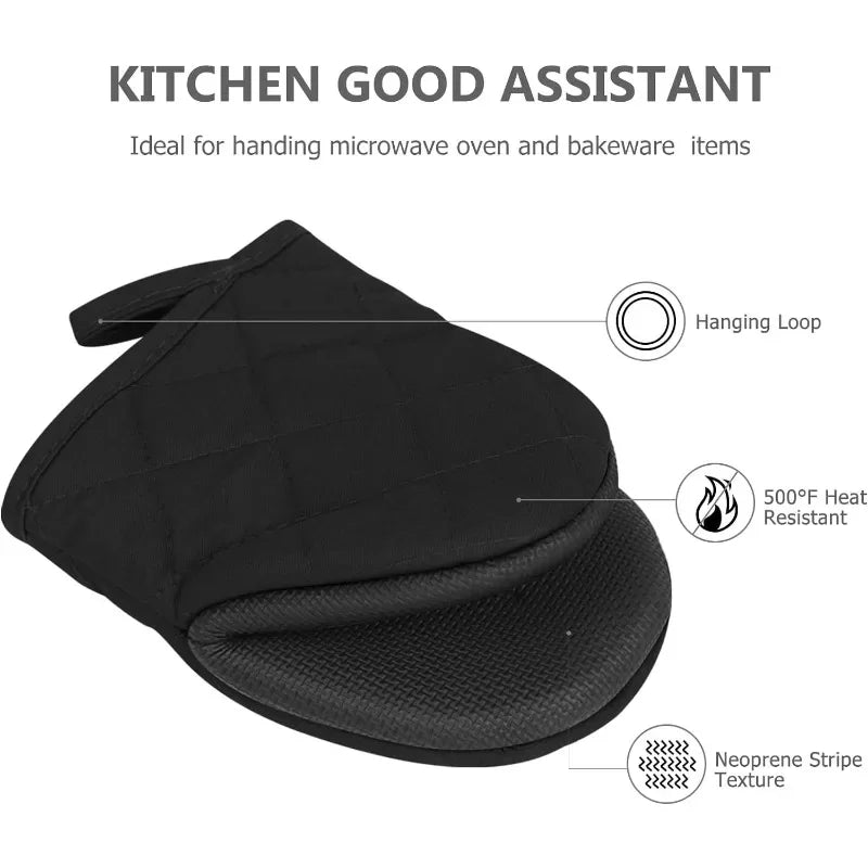 Short Silicone Oven Mitts – High Heat Resistant 500℉ Kitchen Gloves with Non-Slip Grip & Hanging Loop (Black)