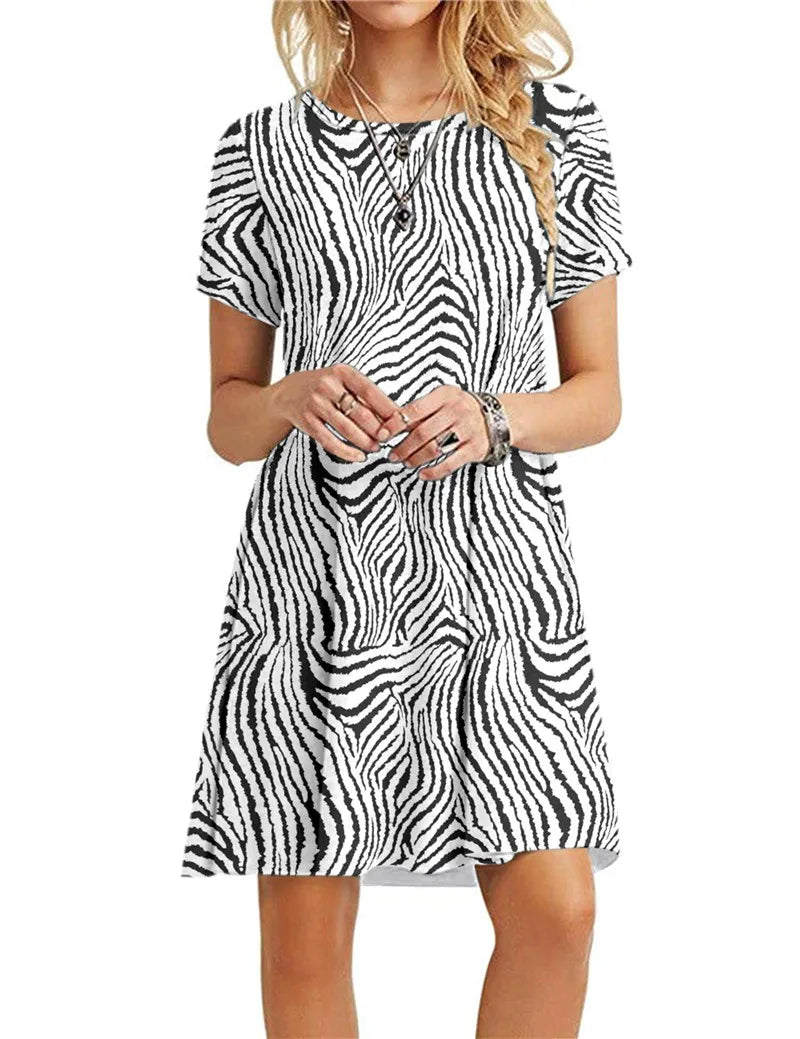 Women’s Leopard Print 3D Summer Dress – Short Sleeve Loose Casual Mini Dress, Streetwear Fashion