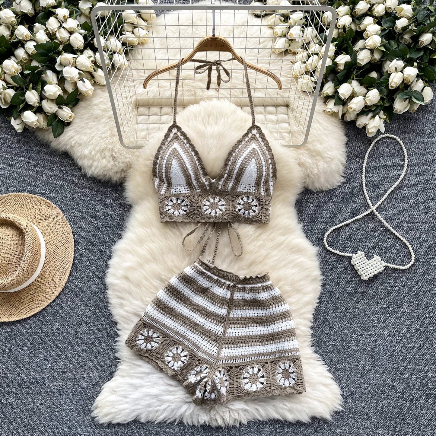 SINGREINY Women's Beach Knit 2-Piece Set – Halter Lace-Up Camis & Elastic Waist Shorts, Hollow Hook Flower Design