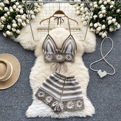 SINGREINY Women's Beach Knit 2-Piece Set – Halter Lace-Up Camis & Elastic Waist Shorts, Hollow Hook Flower Design