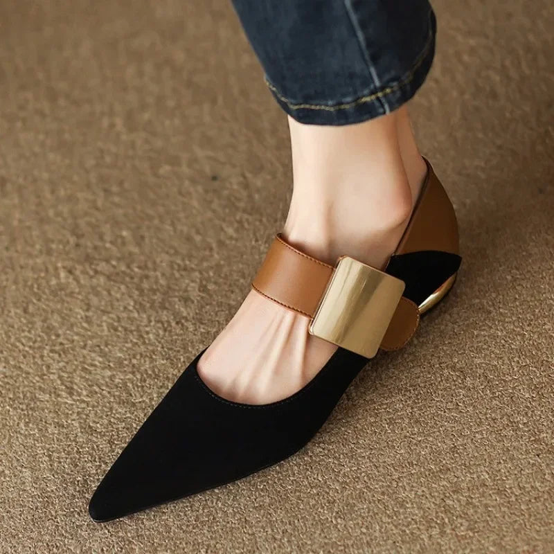 2023 Spring Women’s Suede High Thick Heel Pumps – Black & Apricot Square Toe with Metal Decoration, Elegant Lady Shoes