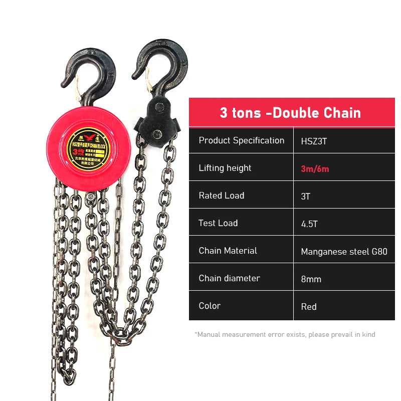 3M Heavy Duty Manual Chain Hoist - Hand Chain Block with Hook for Industrial & Construction Lifting