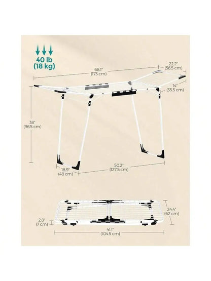 SONGMICS Foldable Gullwing Clothes Drying Rack – Space-Saving Laundry Rack with Sock Clips, 22.2"x68.1"x38"