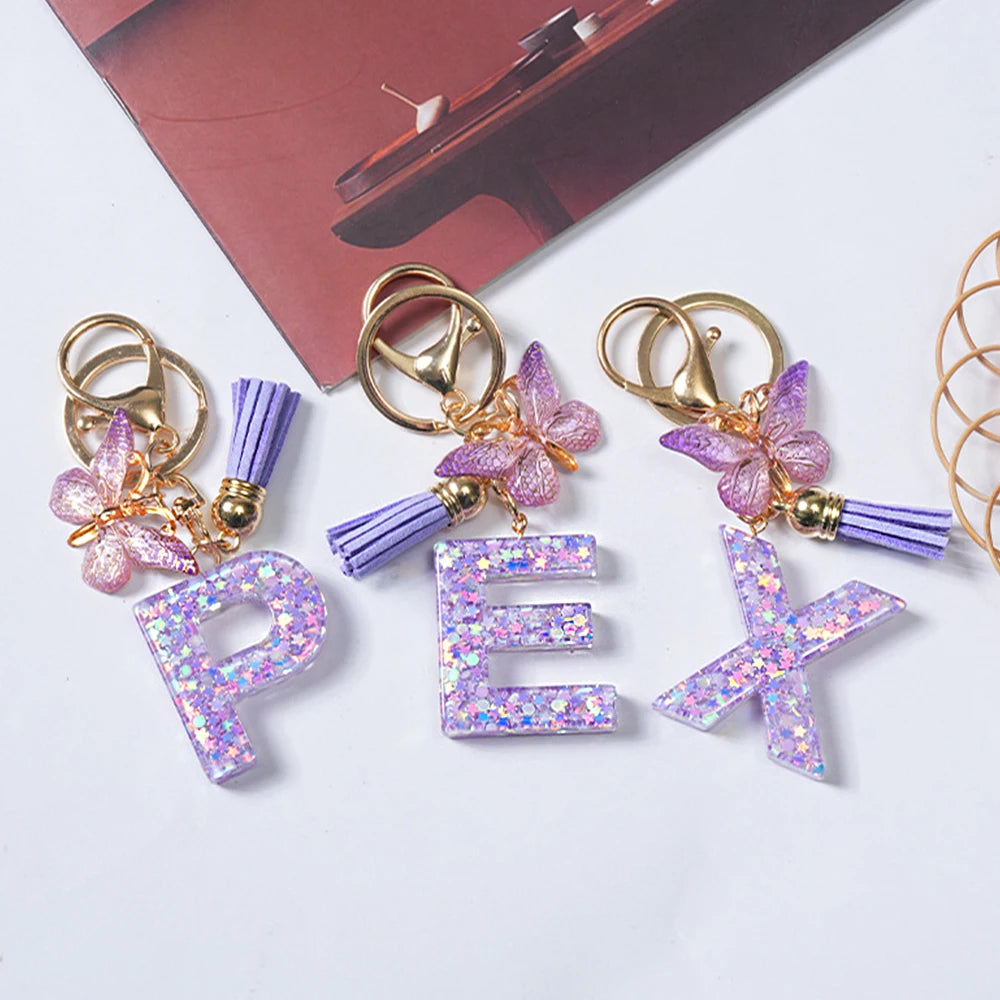 A-Z Initial Letter Sequin Keychain - Purple Butterfly Tassel Resin Keyring Backpack Charm Gift