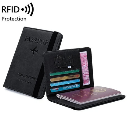 RFID Leather Passport Wallet - Vintage Multi-Function Travel Holder for Men & Women ID Bank Cards Business Accessories