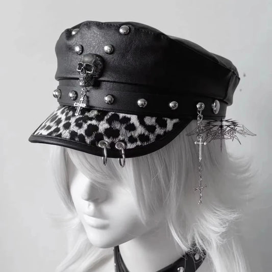 Women’s Punk PU Leather Beret Hat – Vintage Flat Top Military Style Cap for Outdoor Casual Wear & Street Fashion Accessories