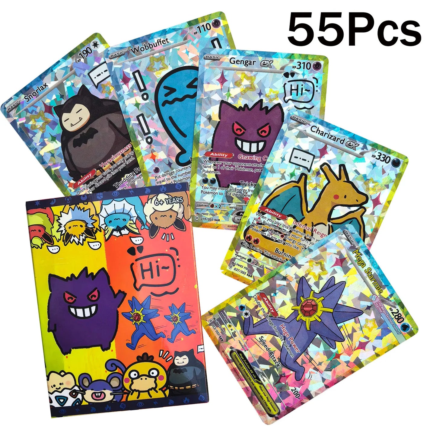 55PCS Shiny Holographic DIY Pokémon Anime Collection Cards Set – Cute Classic Gengar & Charizard Trading Cards Pack