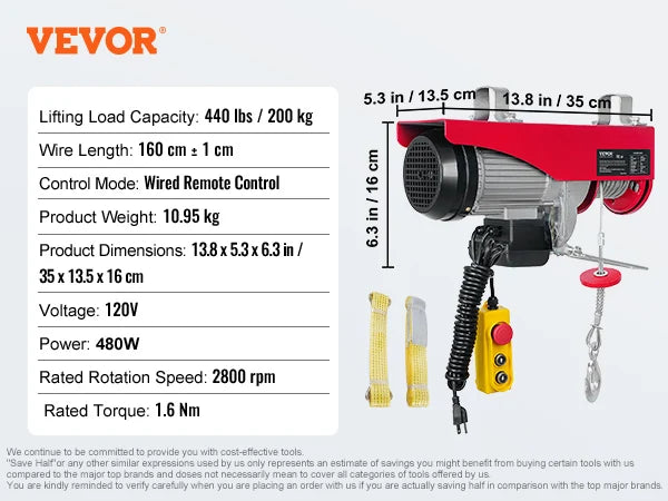 VEVOR 200–800kg Electric Hoist – Cable Winch Lifting Crane with Wired/Wireless Remote for Boat, Car, Garage & Elevator