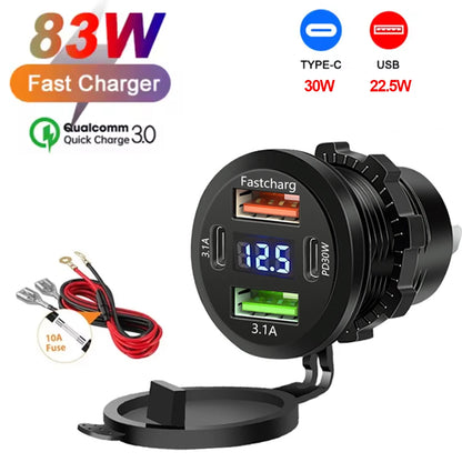 117W Dual USB Car Charger - PD & QC3.0 Fast Charging Adapter with Voltmeter Waterproof Socket for 12V/24V Vehicles
