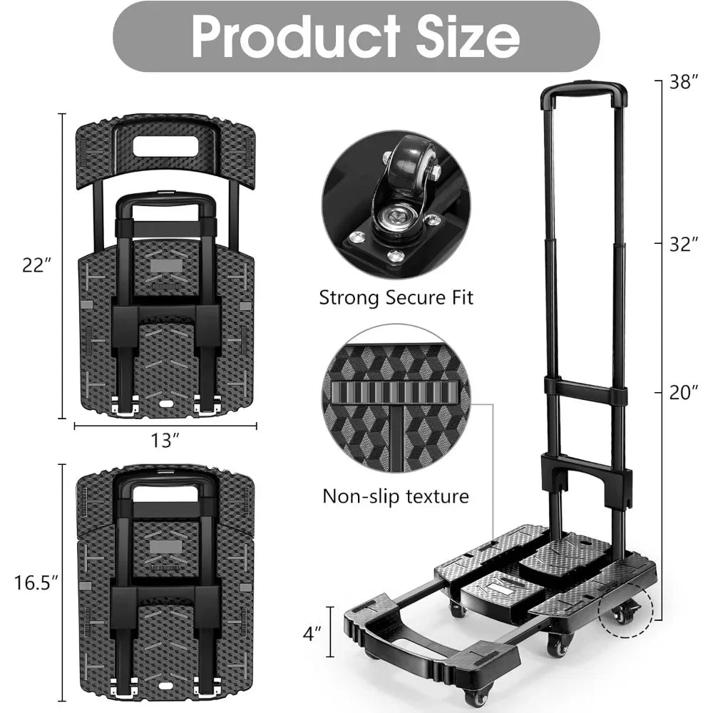 Folding Hand Truck 600lbs – Portable Heavy-Duty 6-Wheel Collapsible Luggage Dolly Cart with 2 Elastic Ropes