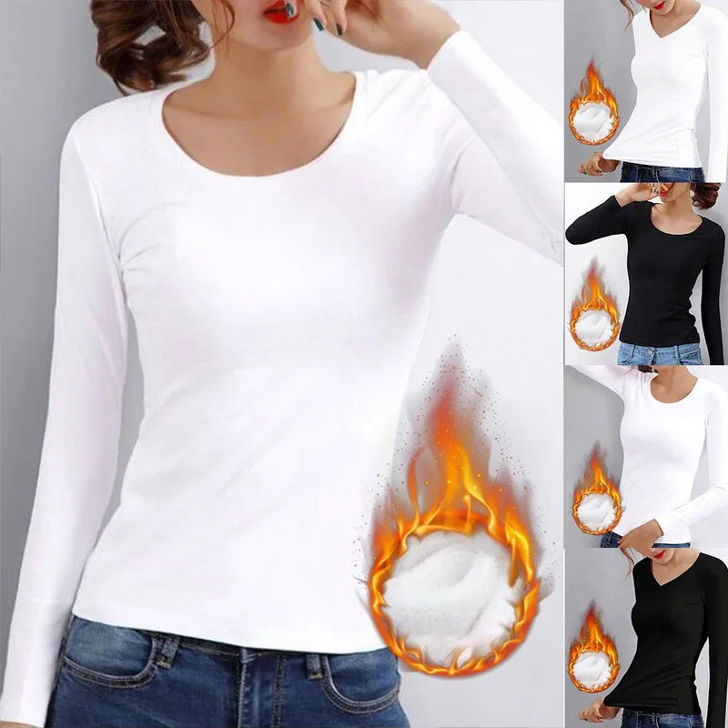 Women’s Thermal Velvet Long Sleeve Shirt - O Neck Slim Fit Cropped Bottoming Top for Winter Warmth