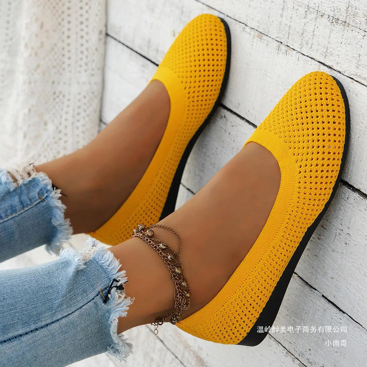 Women’s Round Toe Flat Shoes – Solid Color Knitted Slip-On Ballet Flats, Casual & Breathable Loafers