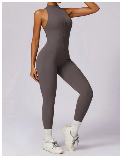 Women’s V-Back One-Piece Sports Jumpsuit — Sleeveless Yoga Romper with Zipper Workout Bodysuit