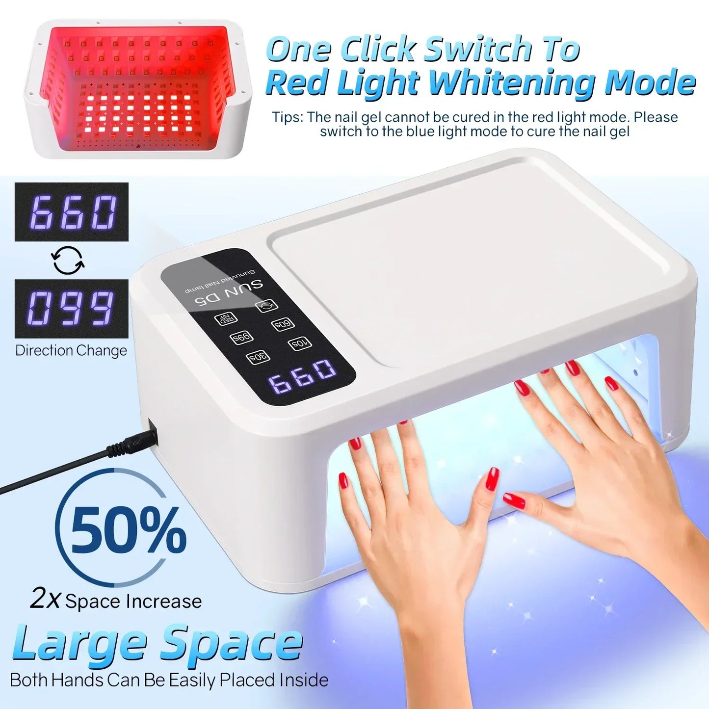 480W UV LED Nail Lamp – 108 LEDs Nail Dryer with Red Light Whitening Mode, Large Space, 4 Timer Settings