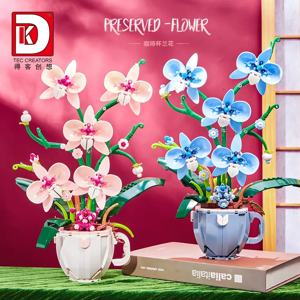 MOC Building Blocks Orchid Flower Bouquet – DIY Bonsai Plant Model for Home Decor & Kids Gift