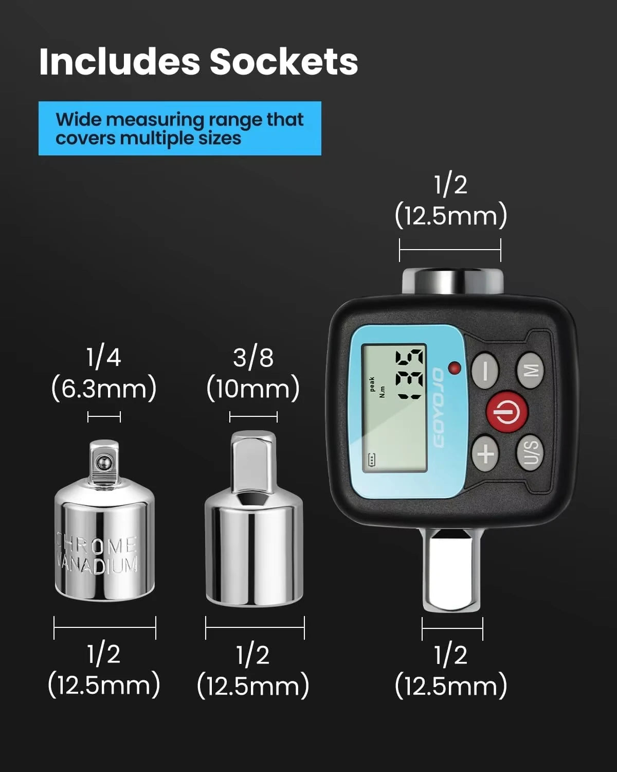 GOYOJO 1/2" Digital Torque Wrench Adapter - Electronic Torque Converter with Digital Display & 1/4", 3/8" Adapters for Cars