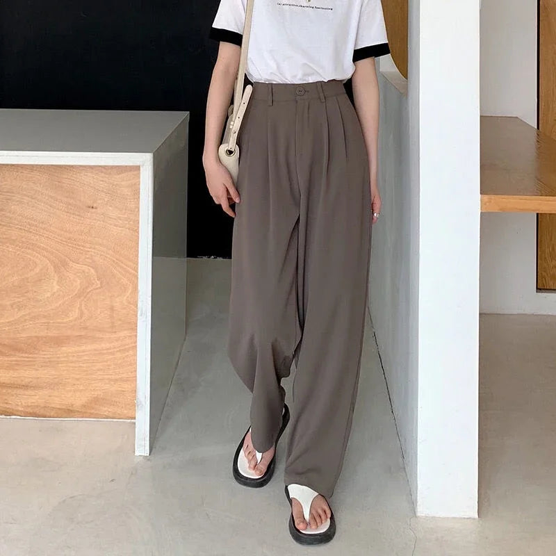 High Waist Women’s Suit Pants – Straight Office Trousers, Casual Button Loose Black Pants for Fall 2024