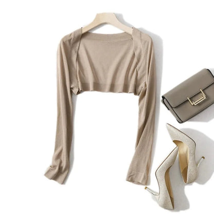 Women’s Long Sleeve Crop Cardigan – Open Front Knit Shrug Sweater Jacket Plain Summer Fairycore Teen Girl Outfit Top