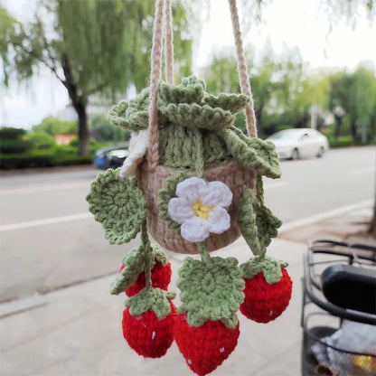 Cute Crochet Potted Plants Car Basket – Hanging Car Decor & Rear View Mirror Ornament Accessories