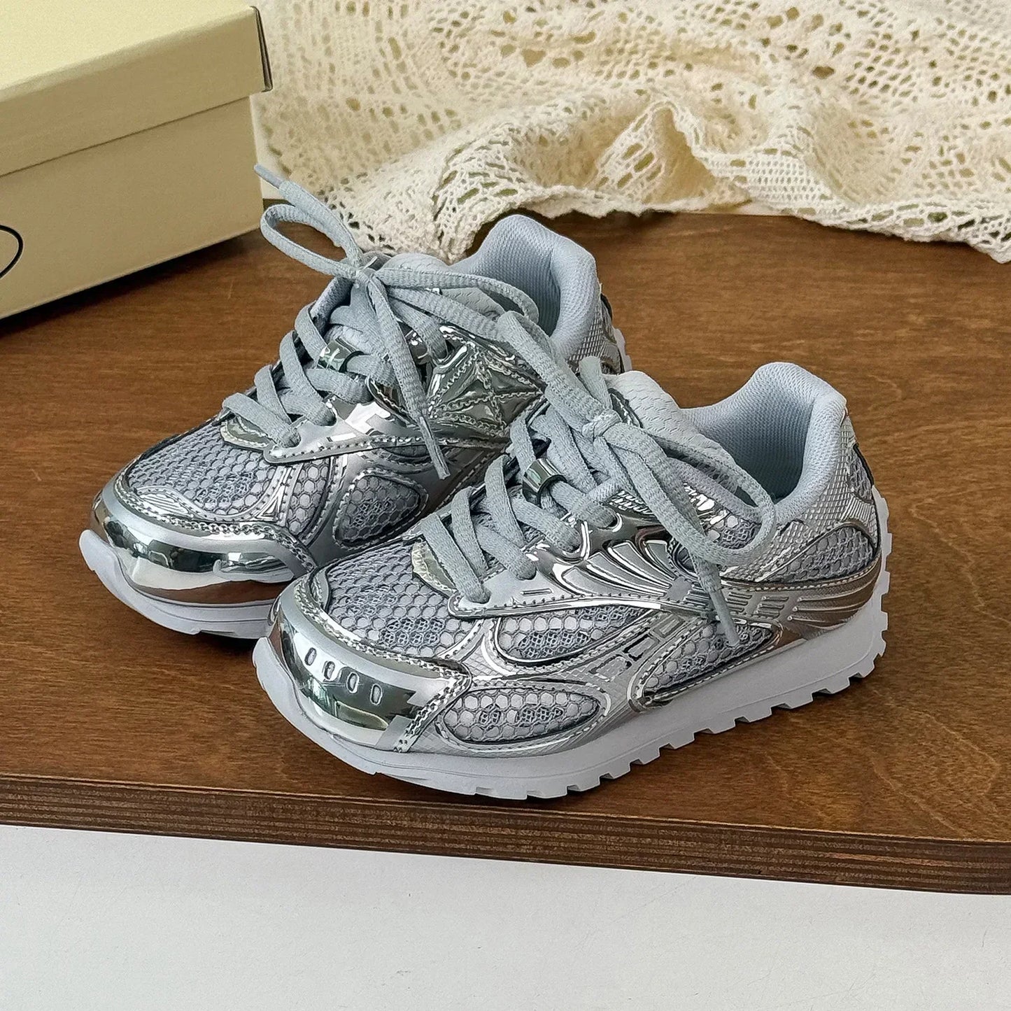 Kids Breathable Mesh Sneakers - Casual Metallic Rubber Walking & Sports Shoes for Boys & Girls