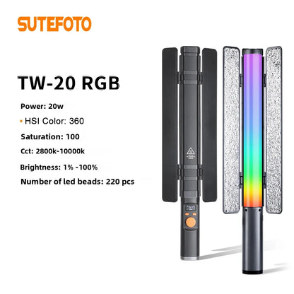 SuteFoto TW20 Handheld RGB LED Light Wand CRI95+ 2800K-10000K Adjustable Color Photography Studio Video Stick Lamp