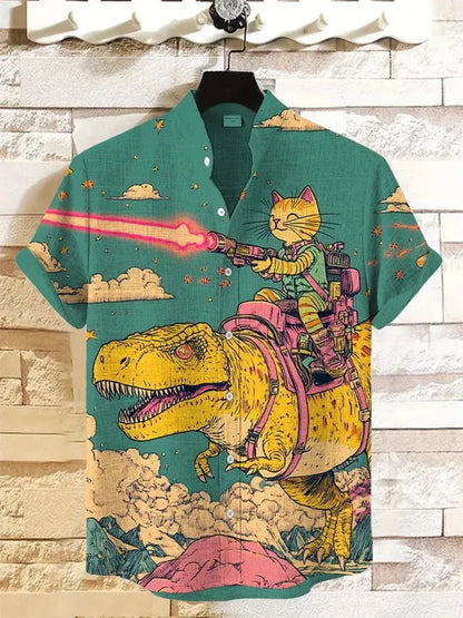 Men’s Cat Graphic Button Down Shirt - Oversized Short Sleeve Summer Hawaiian Vacation Top