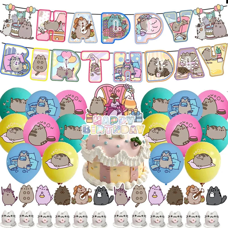 Pusheen Cat Birthday Party Decorations - Cartoon Pet Theme Balloons, Banner, Backdrop, Cake Topper, and Baby Shower Stickers