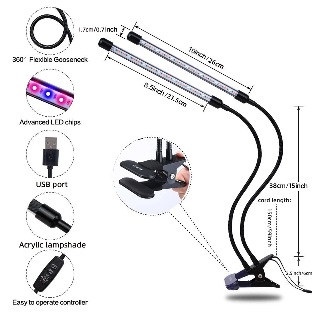 USB LED Plant Grow Light — Indoor Garden Full Spectrum Lamp with 10 Dimmable Levels, Timer Settings 3H/9H/12H for Hydroponic & Greenhouse Plants
