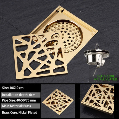 Luxury Brass Floor Drain — 10x10CM Carved Anti-Odor & Insect-Proof Drain for Shower, Bathroom & Balcony