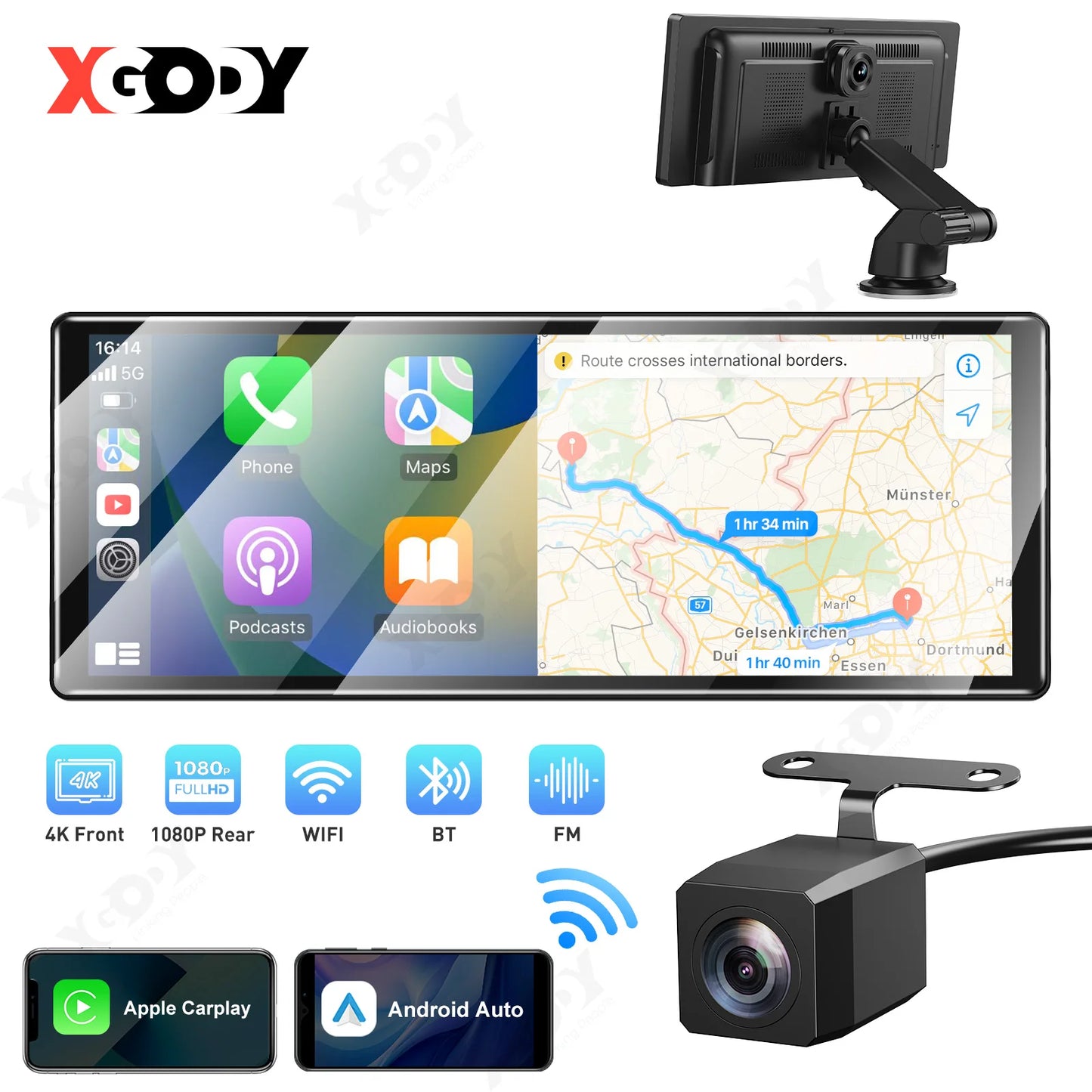 XGODY 11.3" 4K Dash Cam - Wireless CarPlay, Android Auto, GPS, WiFi Navigation, Rearview Camera for Car DVR Dashboard Video