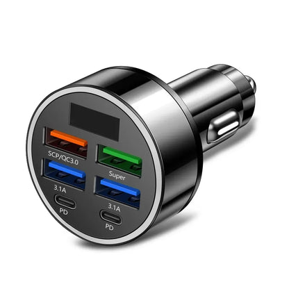 66-250W PD Car Charger – QC3.0 Fast Charge, 1-to-6 Cigarette Lighter Plug with Digital Display