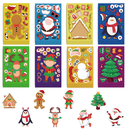 8-Piece Christmas Snowman Puzzle Stickers – Cartoon Face-Making Waterproof Craft Decals for Holiday Party