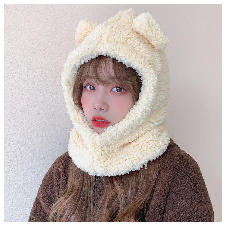 Winter Cartoon Bear Lamb Hat with Mask – Thickened Warm Beanie with Ear Protection for Women & Girls
