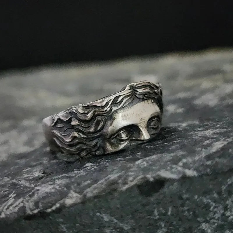 Men's Retro Venus Mask Ring – Adjustable Thai Silver Relief, Creative Statement Jewelry Gift