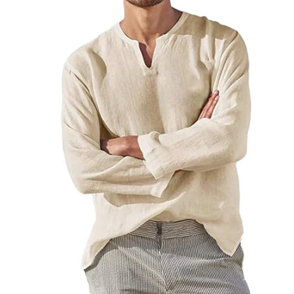 Men's Cotton Linen Long Sleeve Shirt - Breathable V-Neck Casual Lightweight Hawaiian Style Top