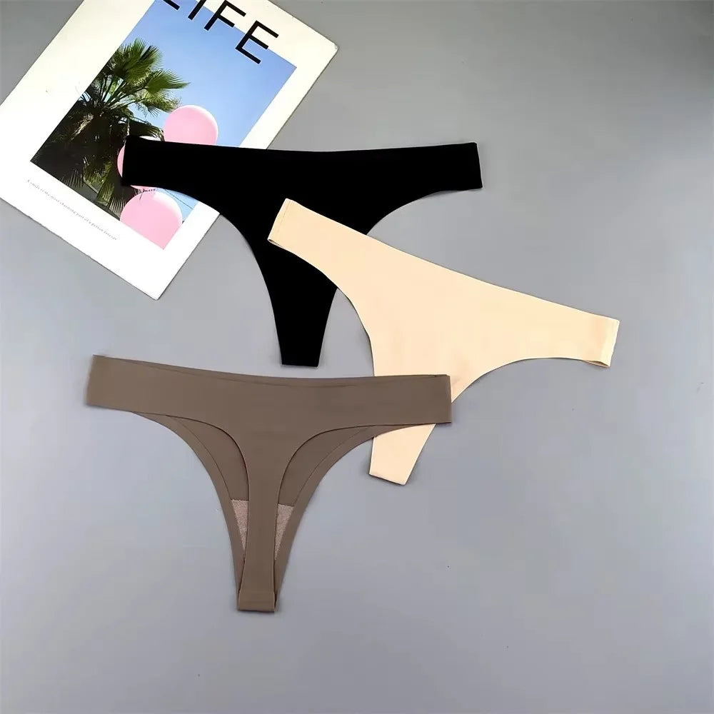 3PCS Ice Silk Seamless Thong Set for Women – Solid Low Rise Sexy G-String Sports Underwear, S-XL Sizes