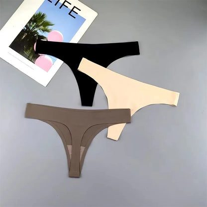 3PCS Ice Silk Seamless Thong Set for Women – Solid Low Rise Sexy G-String Sports Underwear, S-XL Sizes