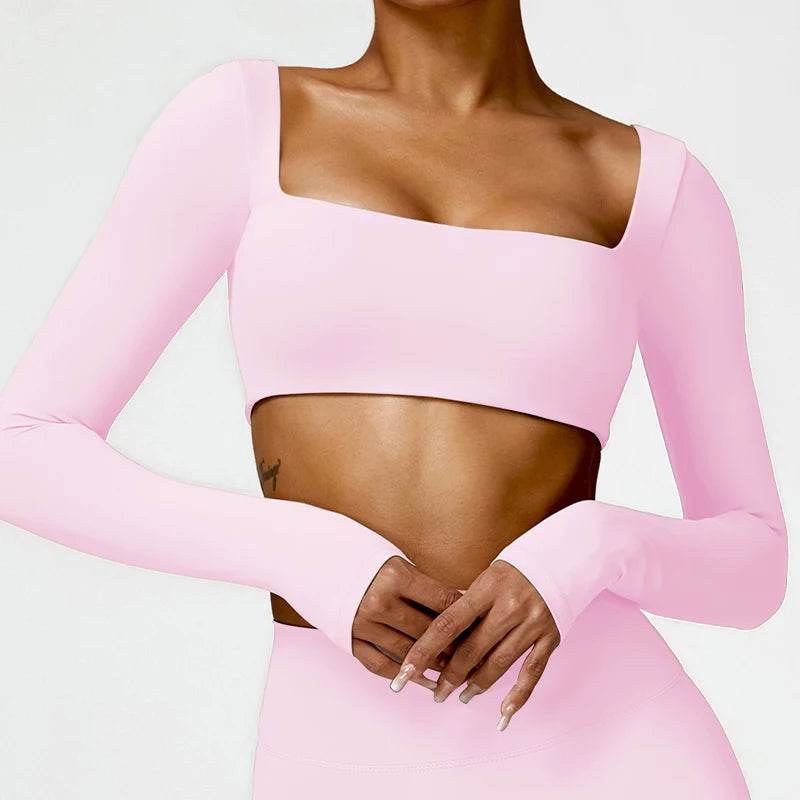 Hearuisavy Women’s Quick-Dry Sports Crop Top - Square Neck Long Sleeve Gym, Yoga, and Fitness Shirt