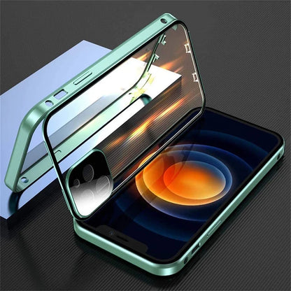 360° Full Protection Magnetic Metal Phone Case - Double-Sided Glass Cover with Lock Buckle for iPhone 11-16 Pro Max