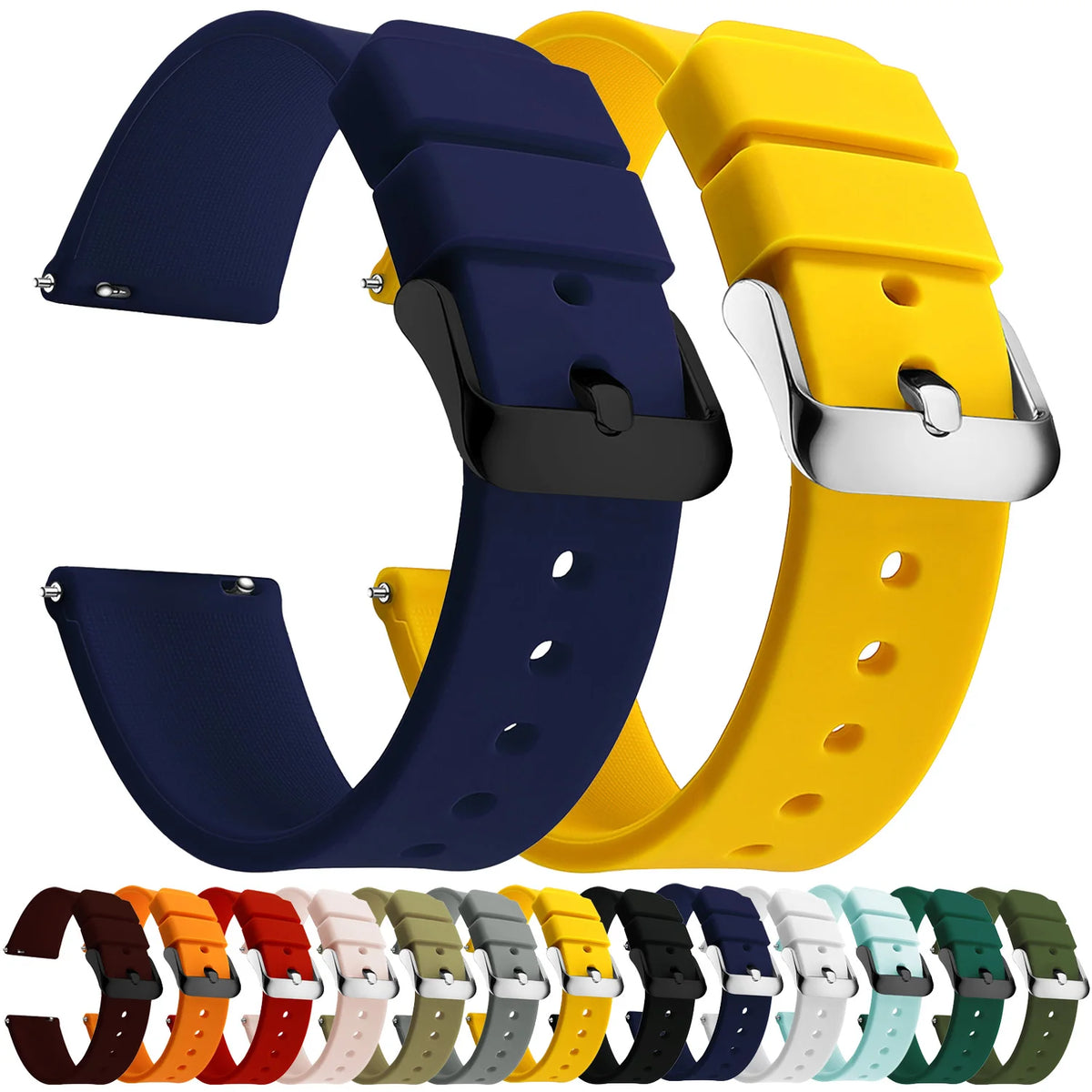 Silicone Quick Release Watch Bands 14–24mm for Samsung Galaxy, Garmin & Huawei - Soft Rubber Replacement Watch Straps