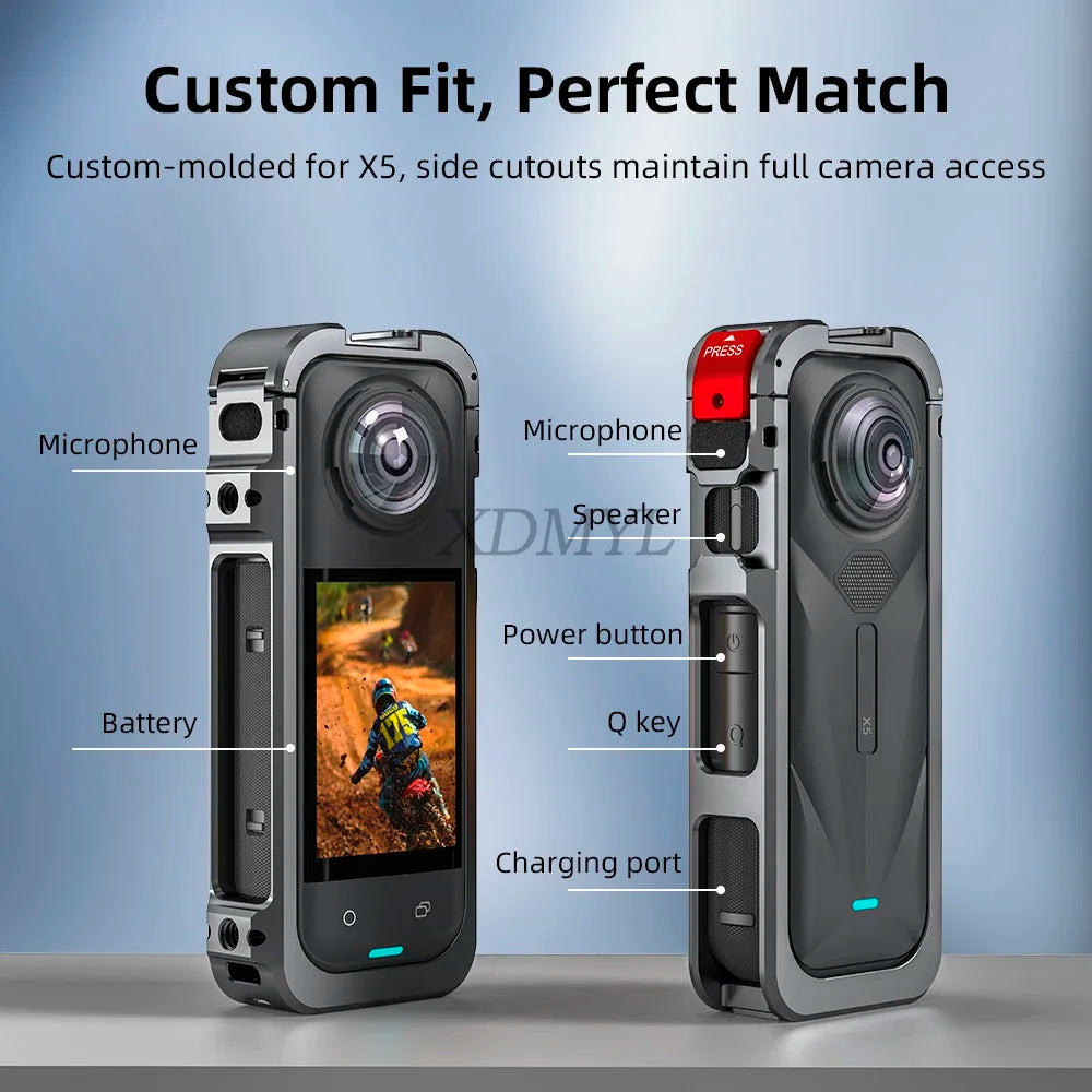 Aluminum Alloy Protective Cage for Insta360 X5 – Camera Frame with Silicone Lens Cover & 1/4" Cold Shoe