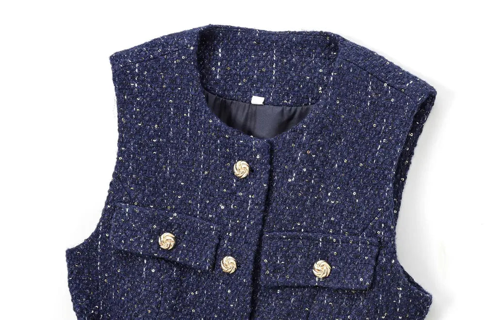 TRZA Women’s Tweed Waistcoat — Sleeveless O-Neck Top with Belt & Front Buttons, Chic Fashion Outerwear