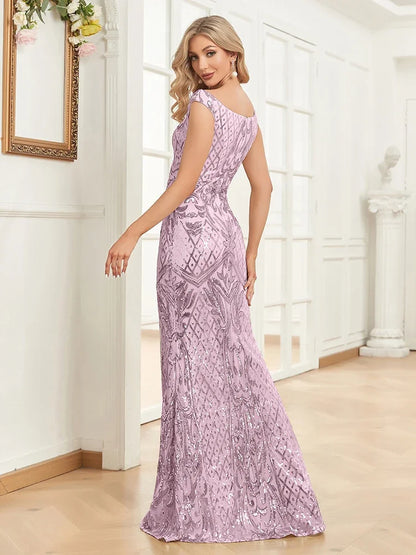 Elegant V-Neck Silver Sequin Evening Dress – 2025 Women’s Sleeveless Maxi Mermaid Party Prom Gown
