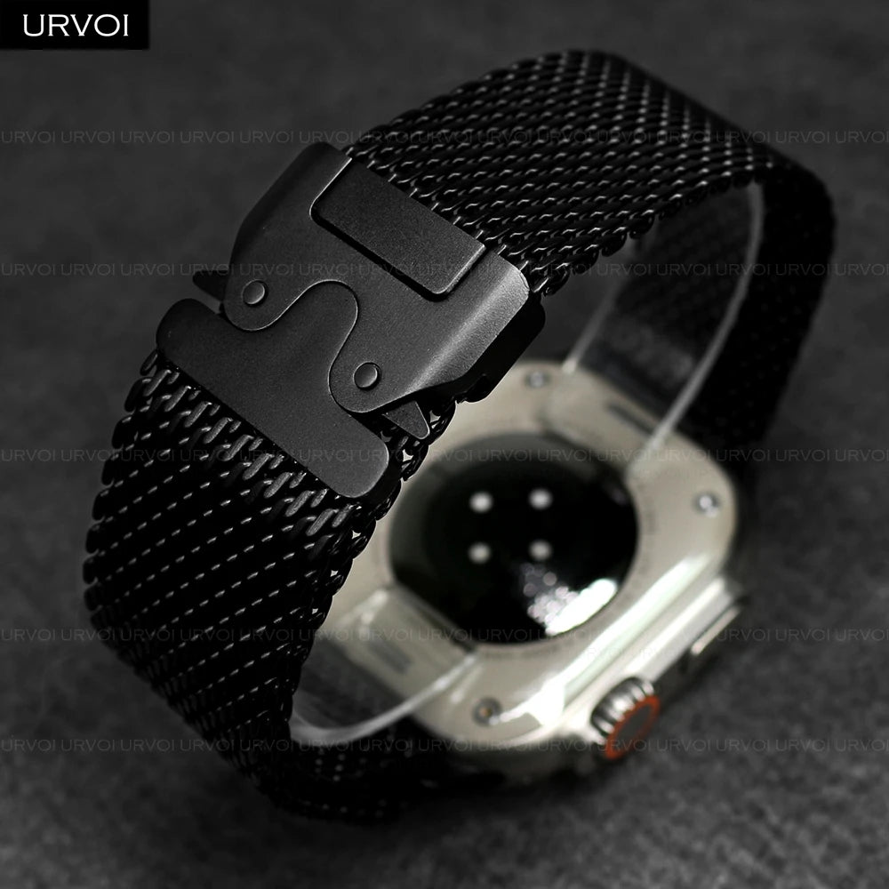 URVOI Stainless Steel Mesh Band for Apple Watch Ultra 2/1, Series 10/9 – 316L Secure Parachute Buckle, 46/49mm